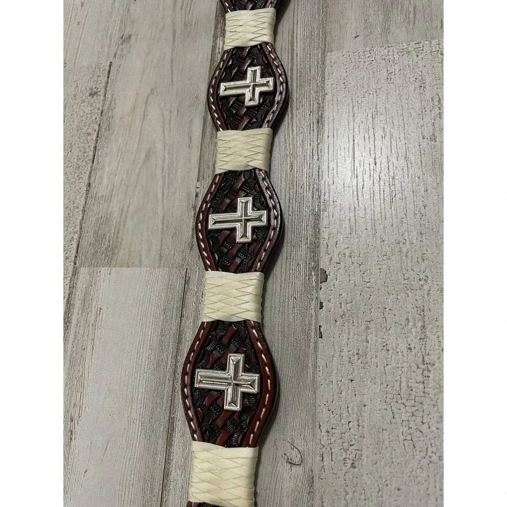 Cowgirl Western Cross Concho Braided Belt Genuine Hand tooled Leather Sz 32 Red